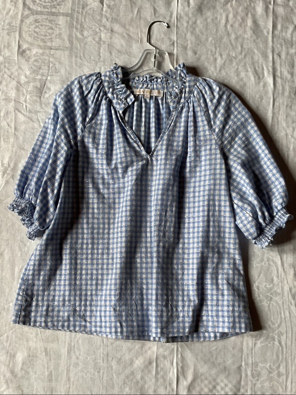 Karlie Blue Gingham Ruffle Collar Puff Sleeve Top